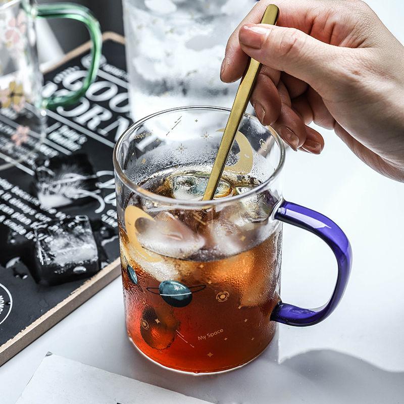 450ML Colour Glass mug Water cup Printing Starry Sky Coffee Mug with spoon lid Breakfast Milk Cup Children's Gift