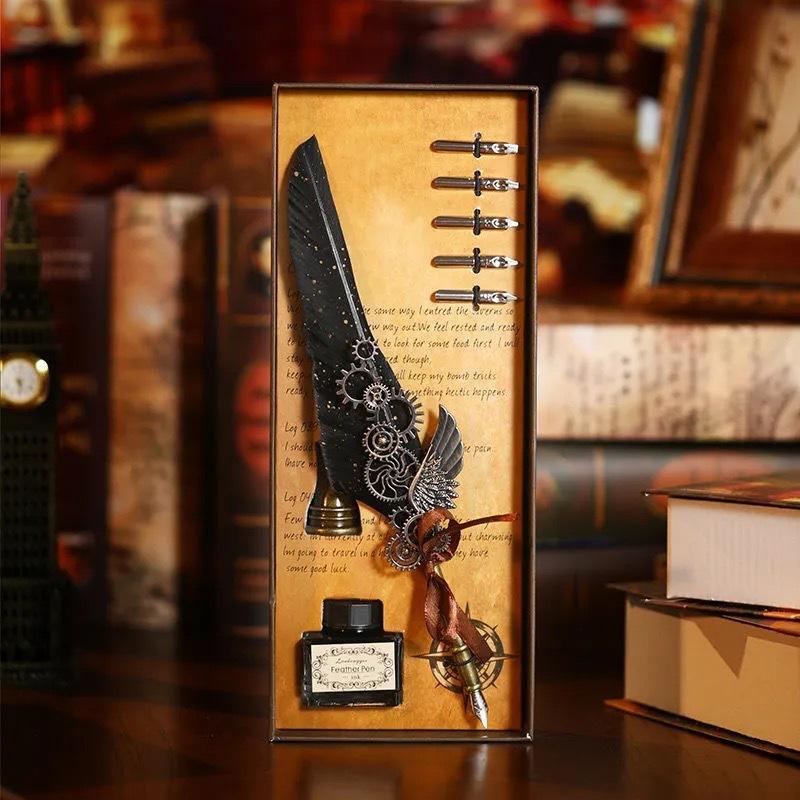 Veer Pen Uil Dip Pen Mechanische Tandwiel Inktzak Pen Geschenkdoos Verjaardagscadeau