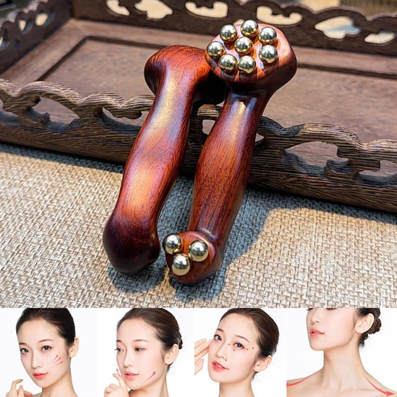 Double Ended Facial Fascia Lifting Tool With 11 Brass Gold Bead Sandalwood Cheek Eyes Beauty Massage Gua Sha Stick Point Relax