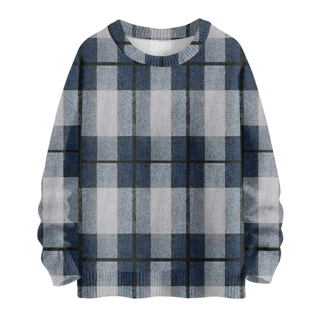 Women's Fashionable Casual Long-sleeved Checkered Printed Round-neck Sweater Knitted Top