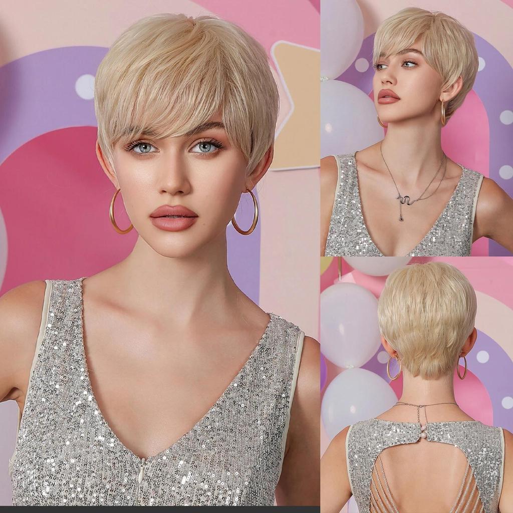 LOUIS FERRE Light Golden Blonde Pixie Cut Synthetic Wigs for Women Short Straight Layered Hair Wigs With Bangs for Daily Use