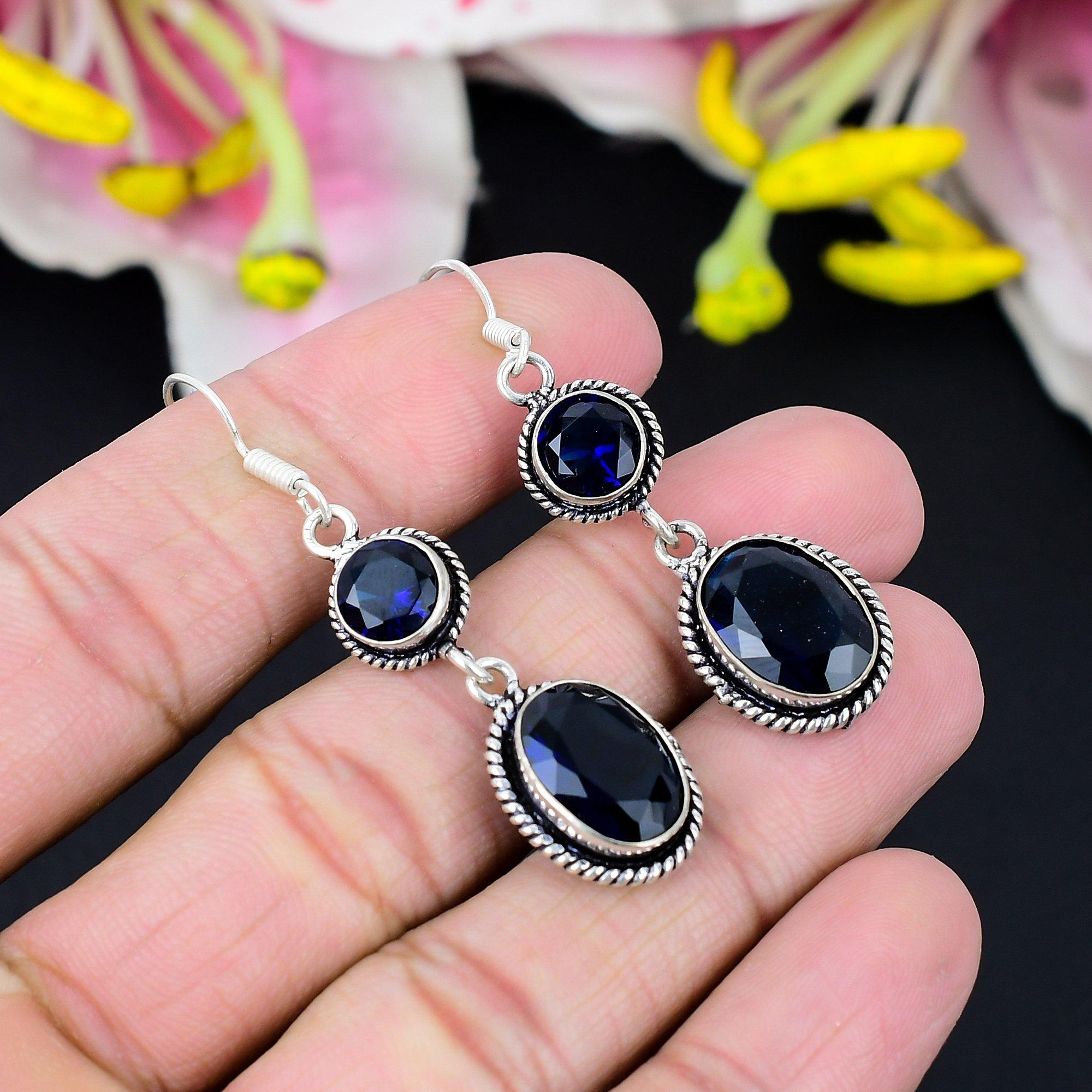 

London Blue Topaz Gemstone Handmade 925 Sterling Silver Earring 2.56 KG-415