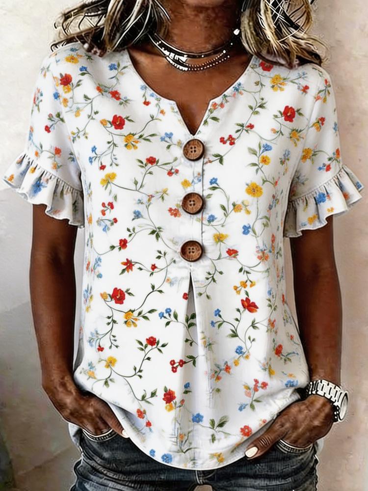Womens V Neck Short Sleeve Floral Print Casual T Shirt Blouse XL