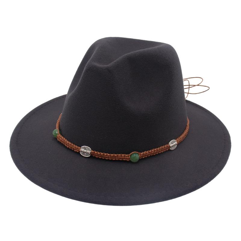 2023 New Top Hat Jade Accessories Woven Fleece Belt Foreign Trade Jazz Hat Big Eaves Show Small Face Big Head Circle Felt Hat