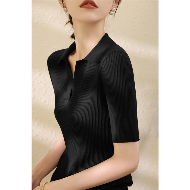 Women Summer Tencel Ribbed Slim Knit Top Thin Puff‑V Polo Collar Short Sleeve Ice Silk Blouse
