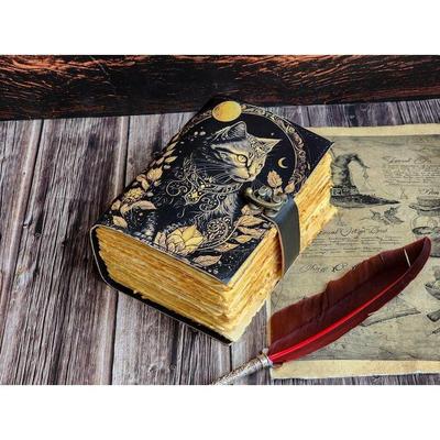 Diário de couro Feitiço mago Livro Gato Caderno em branco Magik Livro das Sombras Wiccan Pagão livro grimório para Caderno de Viagem