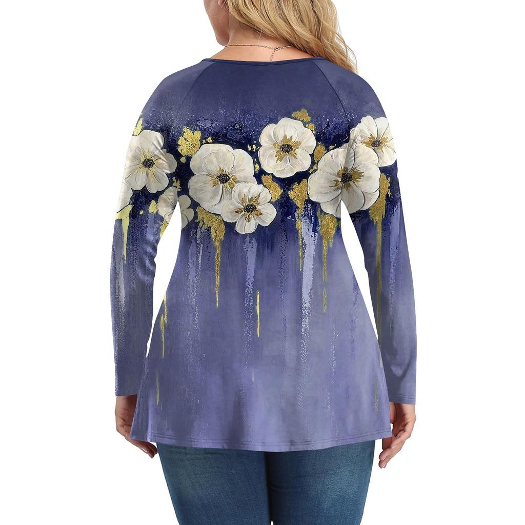 Women's Plus Size Shirt Long Sleeve  Print Top Pleated Casual V-Neck Top