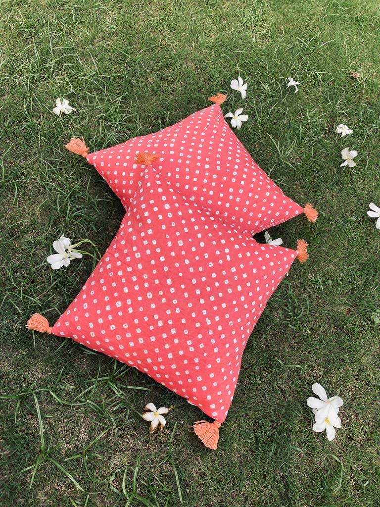 Peach Bandhani Cotton 2 Cushion Cover Set- 16*16 inches
