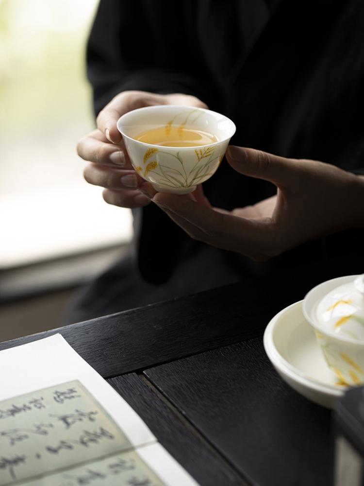 Hand-Painted Wheat White Porcelain Tea Cup - Large Zen Master Cup for Home, Pu-erh Tea Andmade Ceramic Drinking Gift