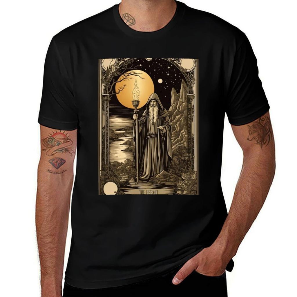 The Hermit Tarot Card - Vintage - Retro - Major Arcana #9 T-Shirt Basic Short Sleeve Cotton Ble