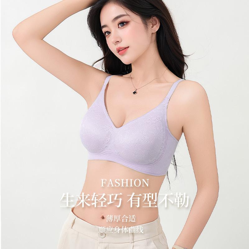 Lace seamless underwear women's small breasts gather anti-sagging fixed cup jelly soft support pull-up bra summer thin