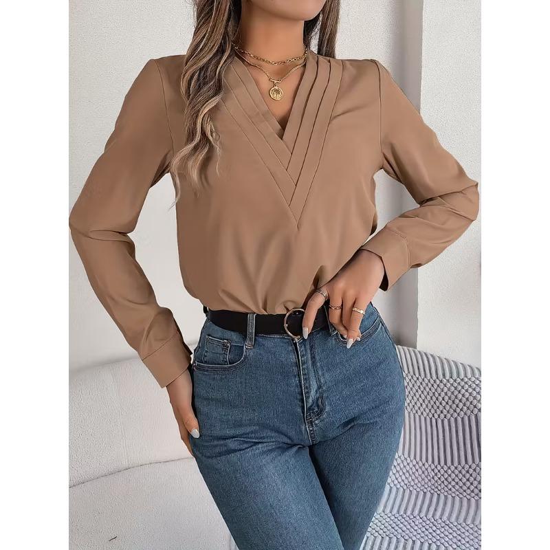 Womens Dressy Casual Shirts Long Sleeve Layered V Neck Solid Elagant Tops Fall Winter Preppy Business Office Blouse
