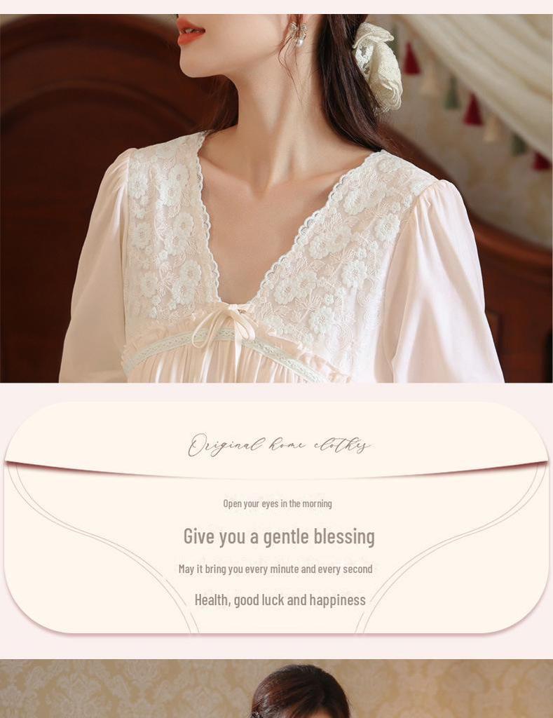 Langärmliges Damen-Nachthemd aus Baumwolle – französische Spitze, Prinzessinnen-Stil, vielseitig für drinnen und draußen, perfekt für Herbst/Winter.