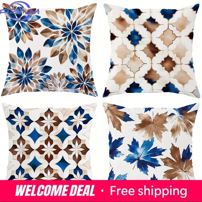 Home Decor Blue Brown Floral Geometric Pillow Covers Pattern Cushion Cover Suitable For Sofa Bedroom Car Pillow Cover