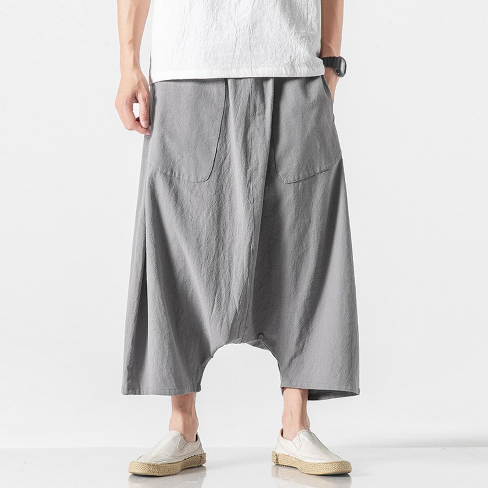 

Mens Overalls Cotton Shorts Pants Wide Leg Knee Length Men Pants Casual Stretch Garment Parachute Pants S сірий