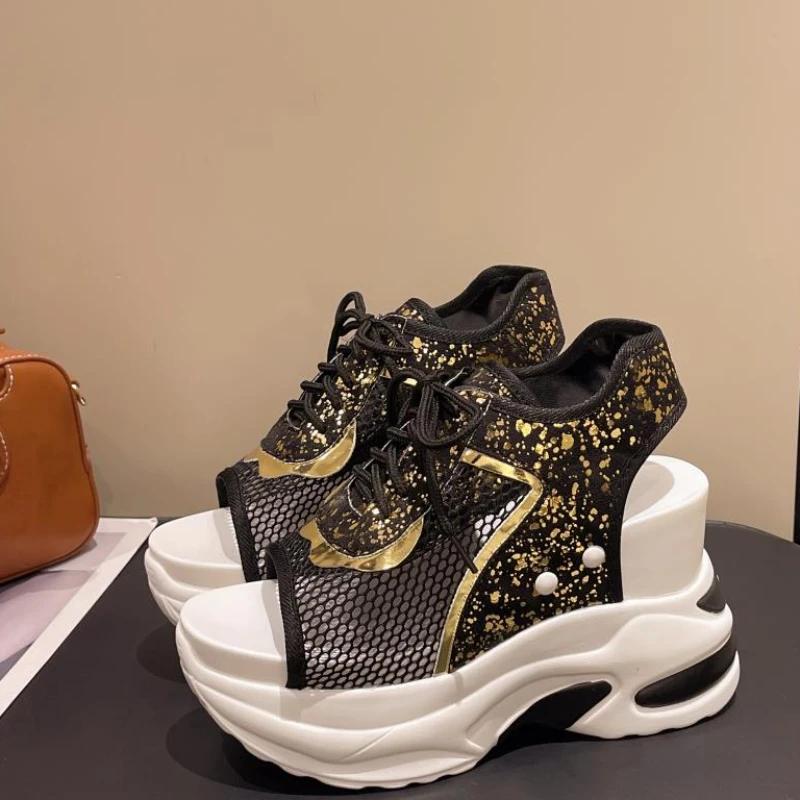 Fashion Air Mesh Breathable 8cm Women Sandals 2024 New Comfortable Shoes Fashion Summer Fish Toe Platform Wedge High Hidden Heels Ladies