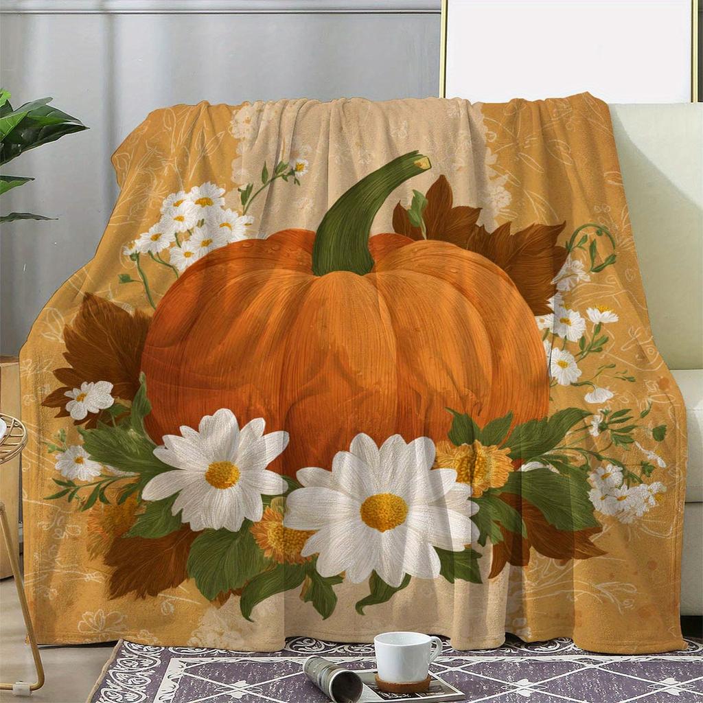 1pc Sdoo Flannel Blanket - Autumn Floral Pumpkin Print Retro Style, Soft Warm All-Season Throw for Sofa Bed Car Office Camping,