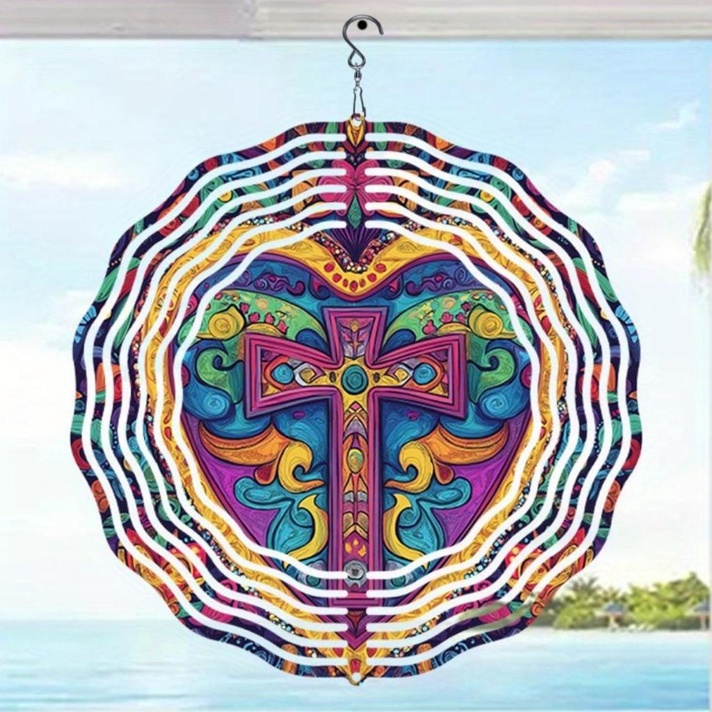 Vintage Medieval Cross Heart Wind Spinner - 2D Colorful Metal Hanging Decor for Indoor/Outdoor Gardens
