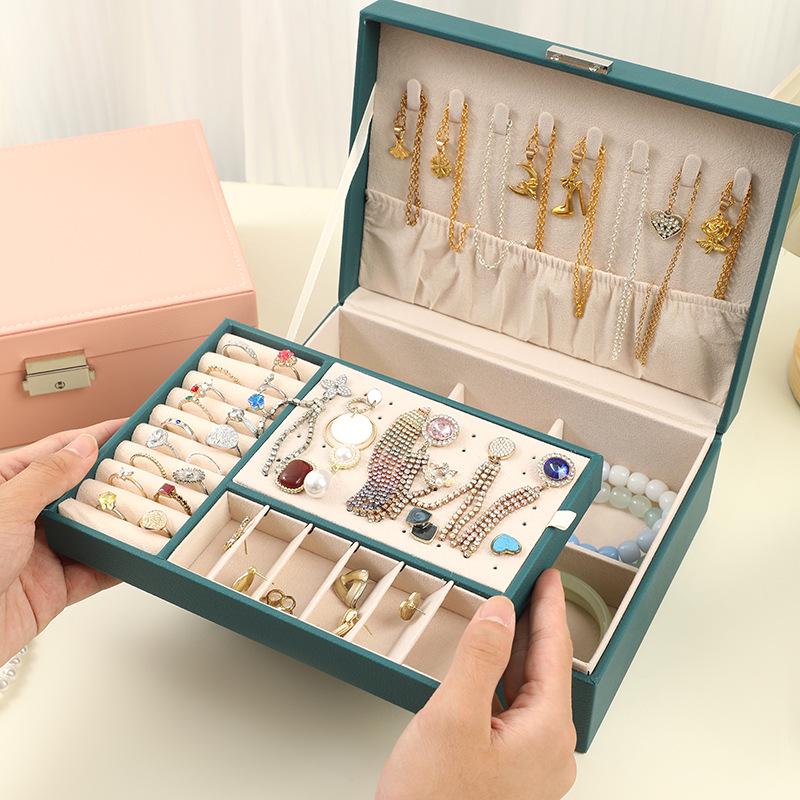 Spot PU Double-Layer Lockable Jewelry Storage Box for Rings, Earrings, and Necklaces