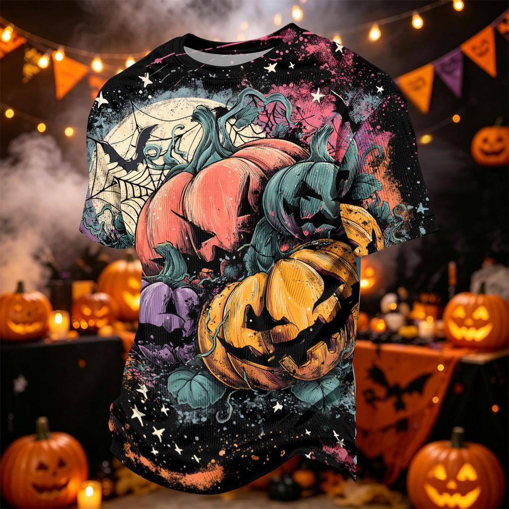 Men Casual Corduroy Short Sleeve Lightweight Breathable Round Neck Top Halloween Pattern Printed Shirt