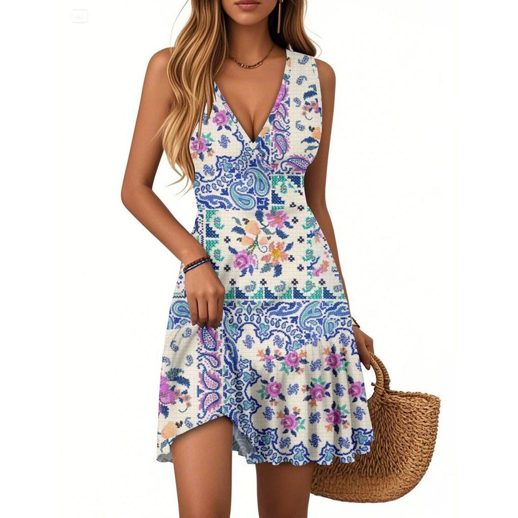 Women's Summer Dress V Neck Sleeveless Casual Textured Print Hem Pleated Dress