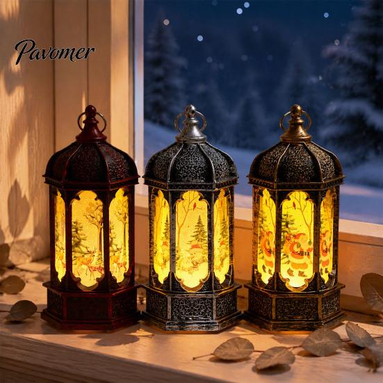 Decorative Holiday Desk Lamp Hexagon Christmas Lantern, LED Vintage Glowing Tabletop with Painted Night Light Scene, Flameless Candle for Bedroom And