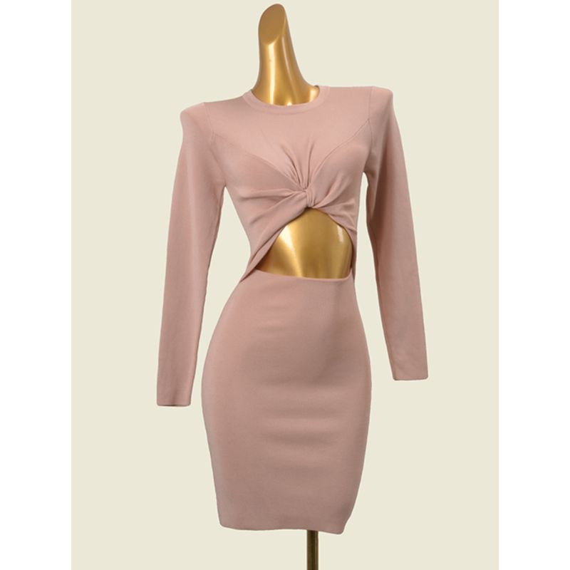Spanish Brand Sexy Bare Midriff Slim Fit Sexy Bodycon Dress Fashion Wind Pure Color Twist Long Sleeves Knitting Dress