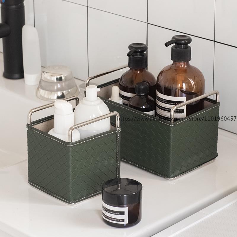 Nordischer Ins Stil Gewebte Ledertextur Aufbewahrungsbox Make-up Pinselhalter Stifthalter Stirnband Metallrahmen Desktop-Organisation