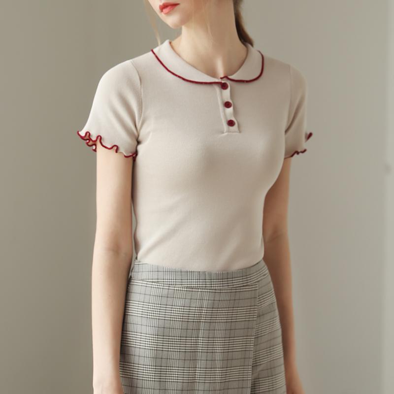 Tricou simplu cu guler polo, mânecă scurtă, culoare contrastantă, croială slim fit, tricotat din mătase de gheață, top nou cu guler pătrat pentru femei, vară