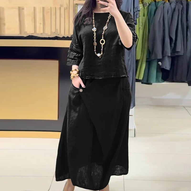 Casual O Neck Top Pullover A-Line Skirts Cotton Linen Set Woman 2 Pieces Half Sleeve Loose Outfit Spring Vintage Suit Harajuku