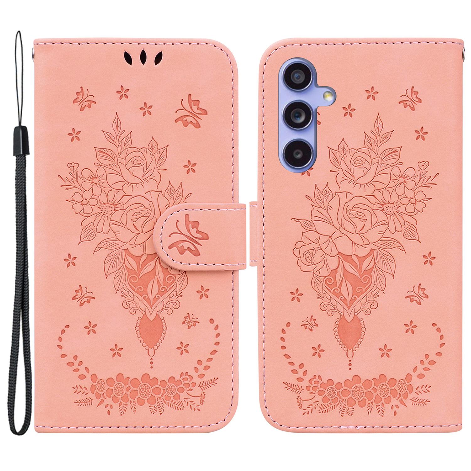 

For Samsung Galaxy A55 5G Leather Case Rose Butterfly Imprinted Phone Cover Pink
