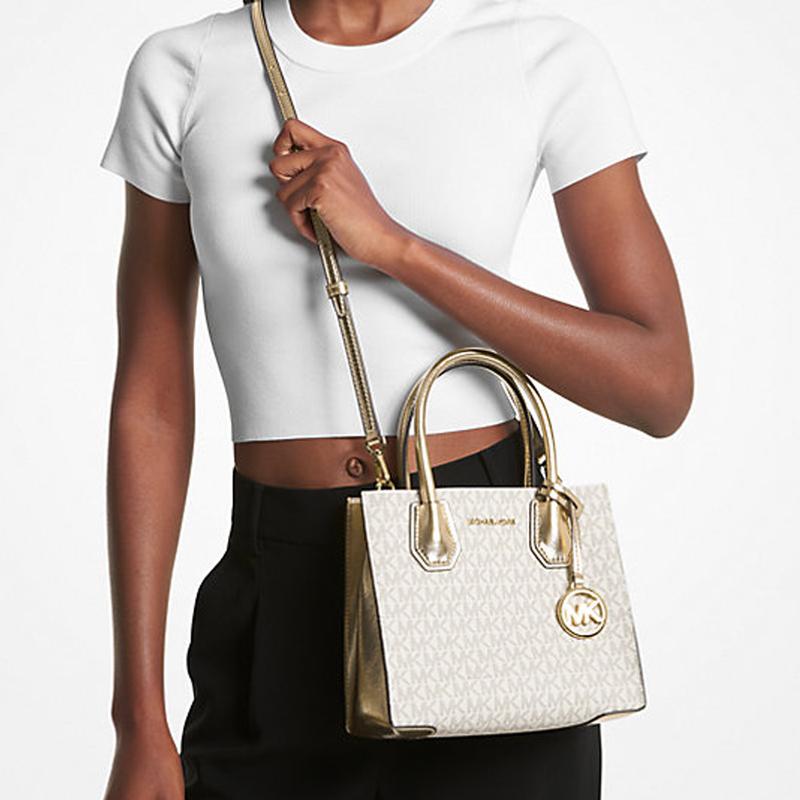 MICHAEL KORS Mercer Signature Logo Metal Organ Coated Canvas Shoulder Crossbody Bag Medium Women's Vanilla