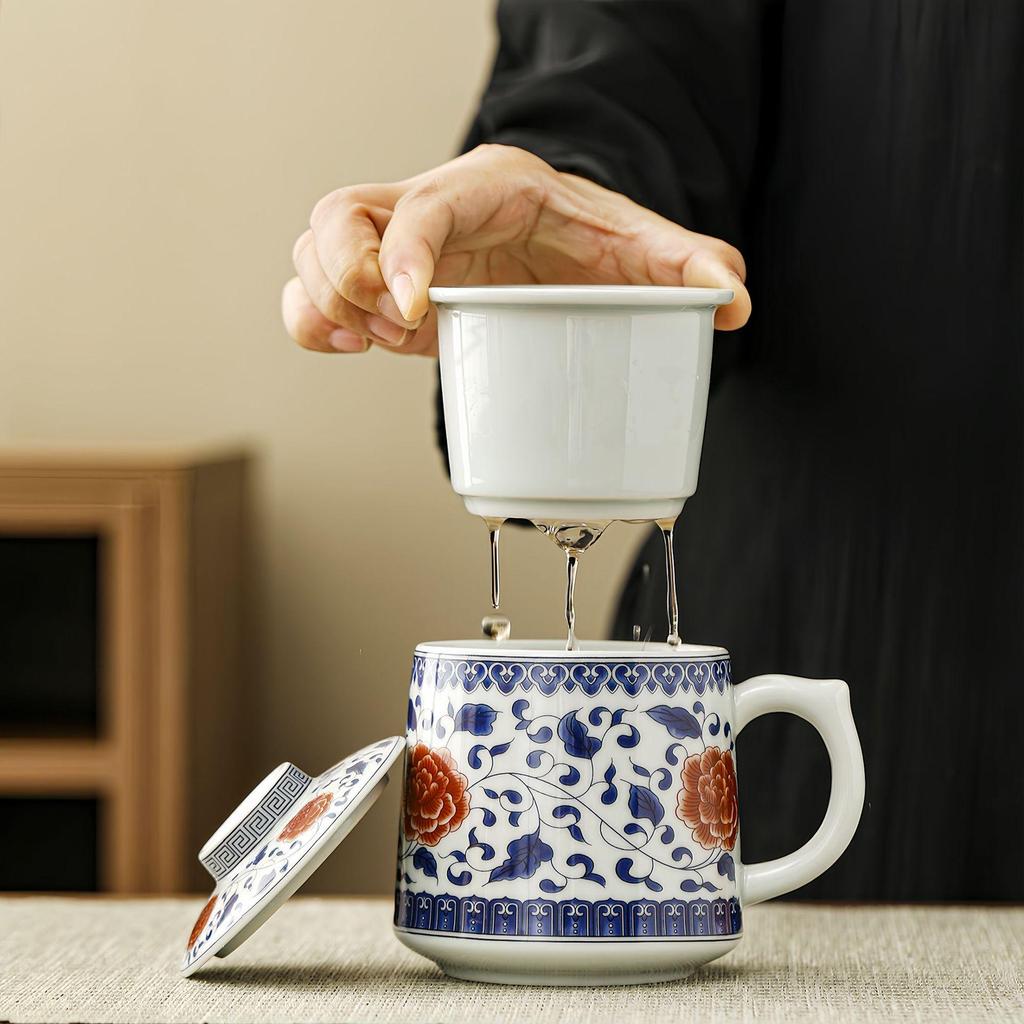 Mutton Fat Jade Blue & White Ceramic Tea Cup with Water Separator - Ideal Gift for Elders