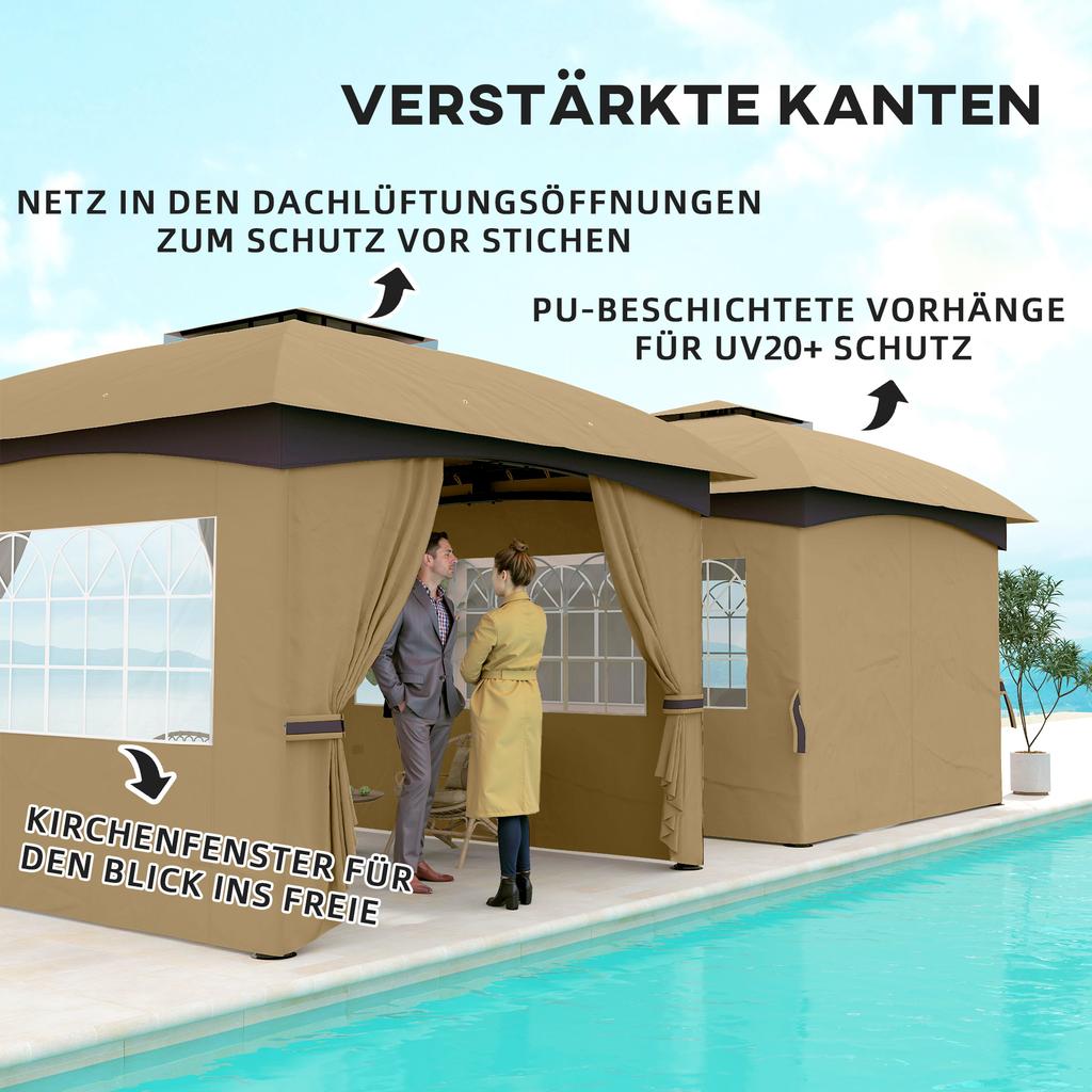3.4 X 3.4 M Garden Gazebo, Beer Tent with Ventilation Roof, Arched Windows, Steel Frame, Beige
