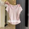 Korean Gentle Light Blue White and Thin Design Pleated Top Front Shoulder Short Sleeve Women's Summer Simple and Versatile T-shirt