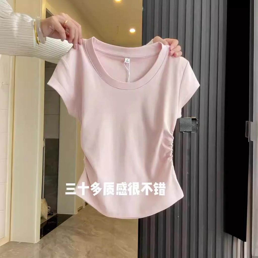 Korean Gentle Light Blue White and Thin Design Pleated Top Front Shoulder Short Sleeve Women's Summer Simple and Versatile T-shirt