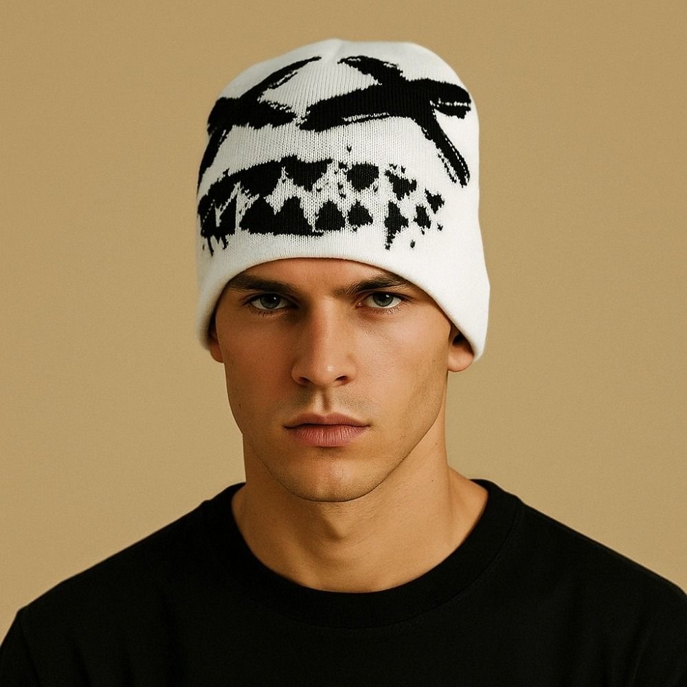 Halloween Y2K Knitted Hat Streetwear Black White Pullover Cap Jacquard Woolen Hat  Outdoor