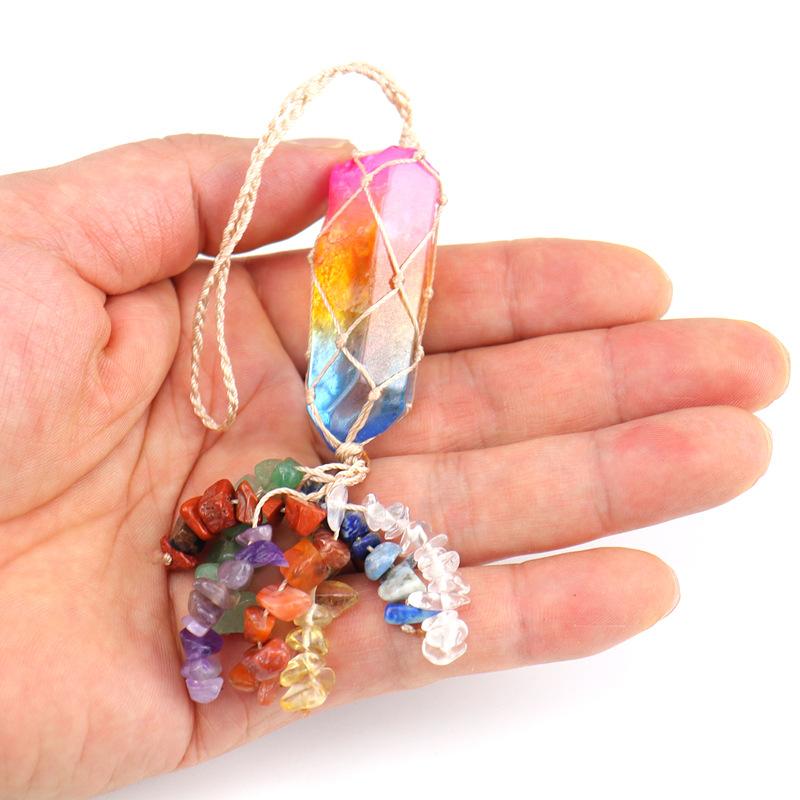 Natural Crystal Column Woven Mesh Pocket Pendant Car Hanging Bag Accessories G15