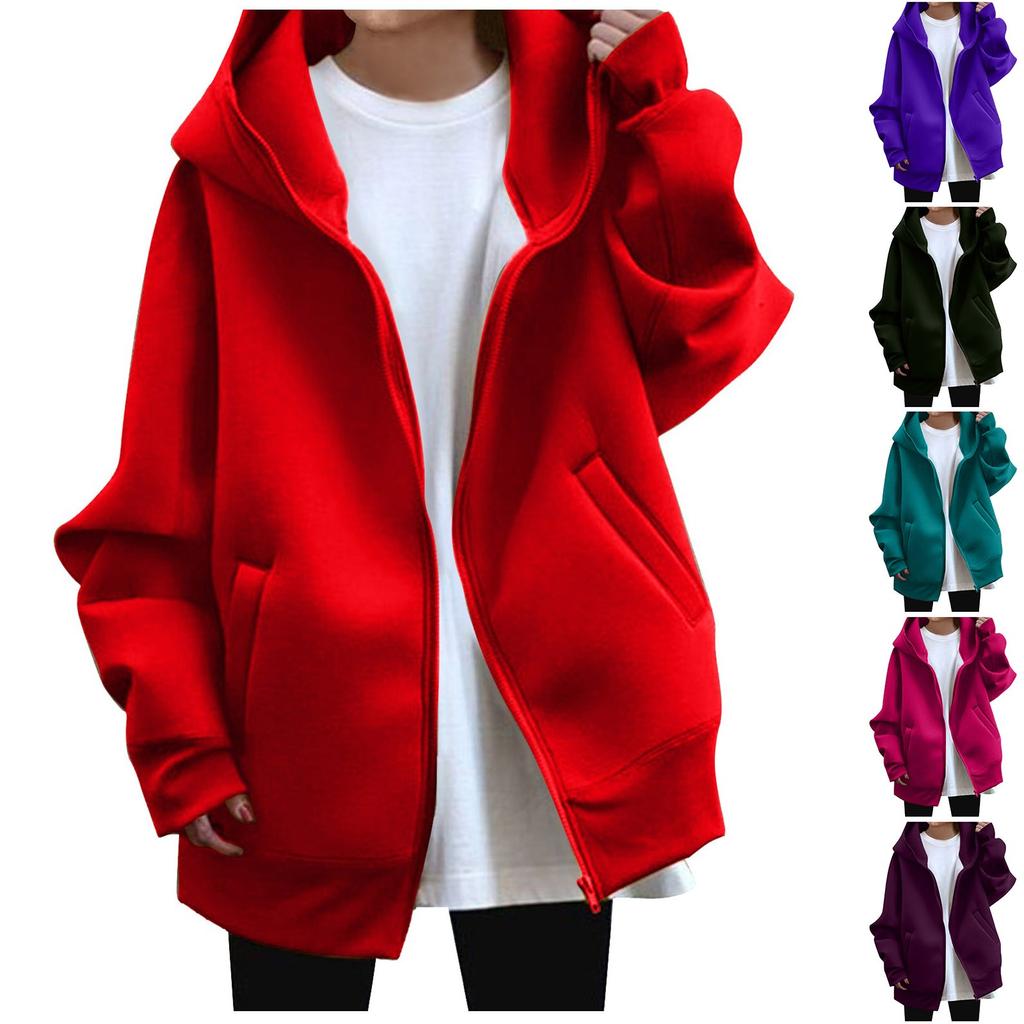 Spring and Autumn Four Seasons Women's Casual Loose Long Sleeve Zip-up Hoodie with Long Lining Coat