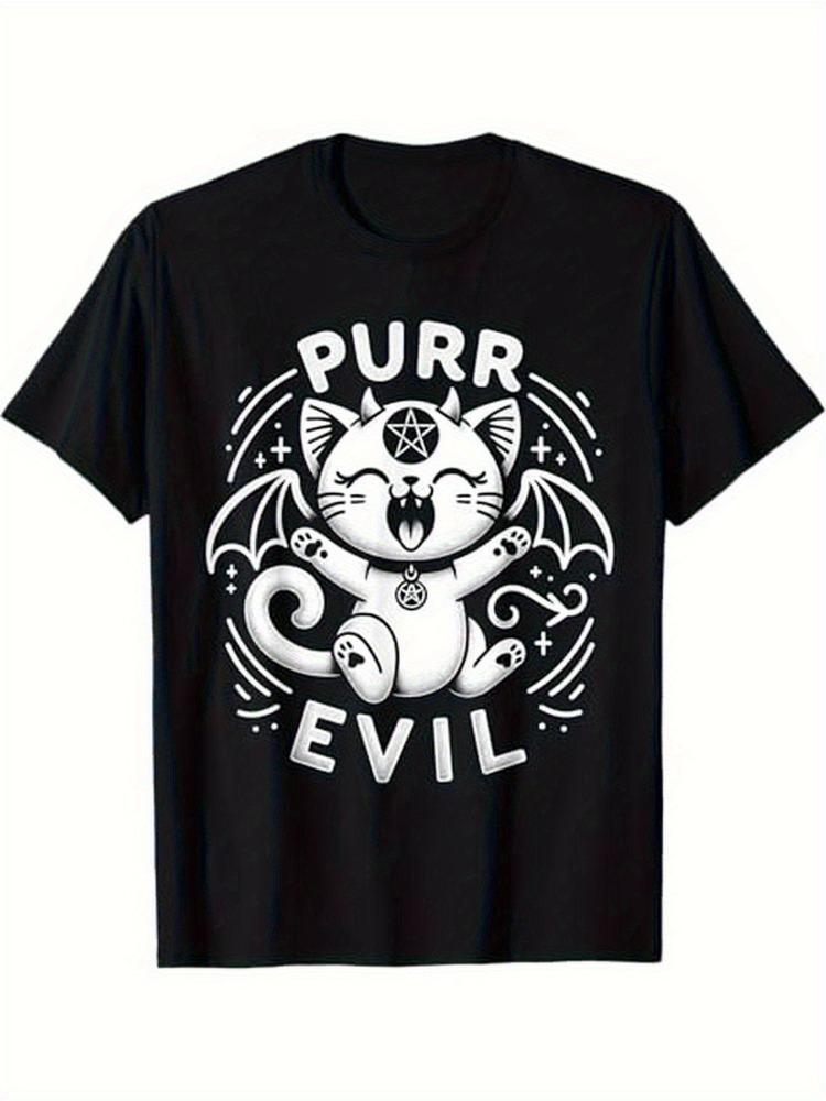 Women's Round Neck Short Sleeve Patterned T-Shirt Purr Evil Printed Casual Gothic Cat T-Shirt Fashionable Alternative Style Top