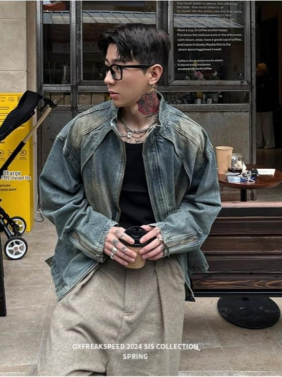 Herren American Retro Gewaschene Jeansjacke - Schwer, Lockerer Schnitt, Trendig, Lässig, Frühling Reißverschluss Arbeitskleidung