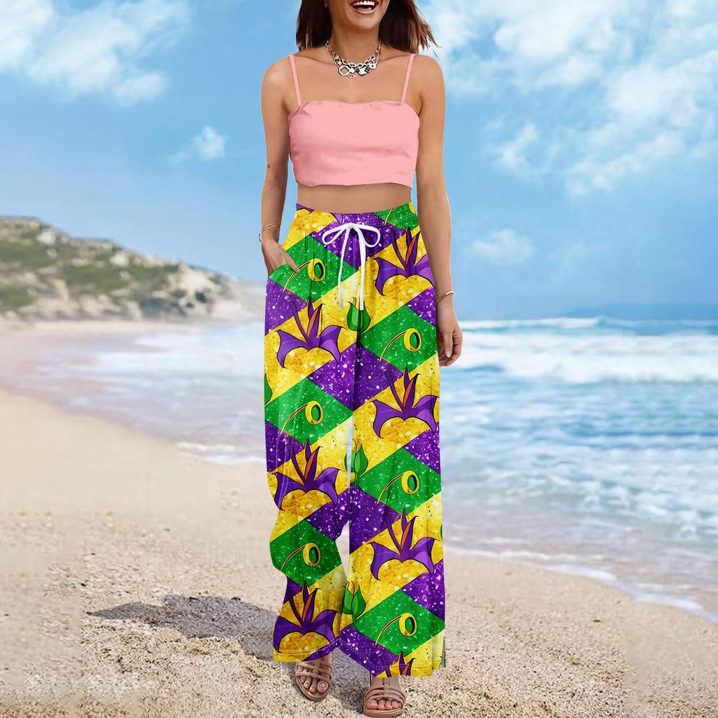 Damskie letnie spodnie boho palazzo z wysokim stanem i szerokimi nogawkami, z nadrukiem, swobodne spodnie z kieszeniami