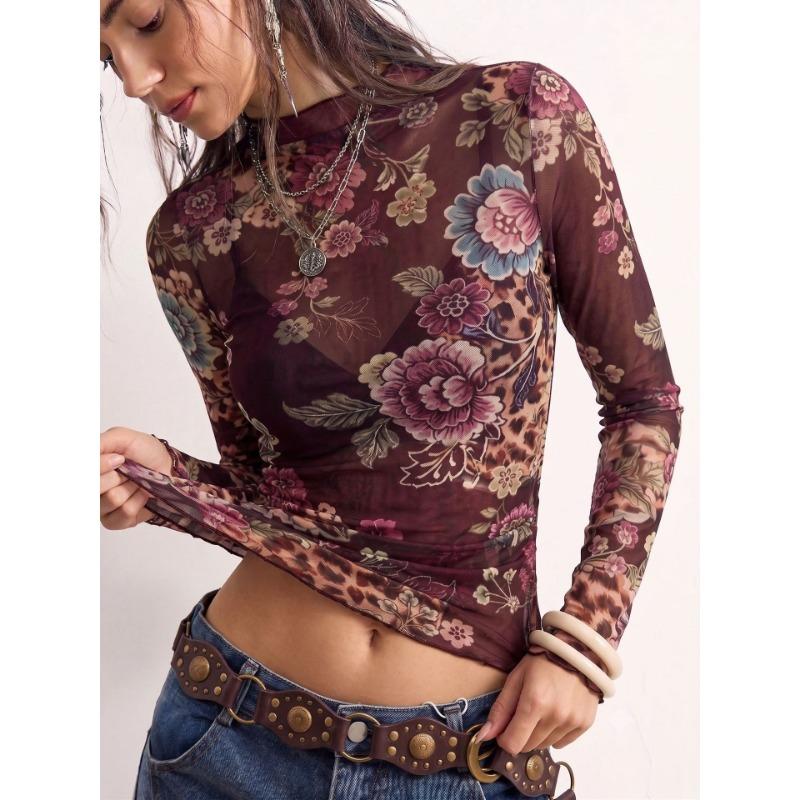 Camiseta de Malla de Manga Larga con Estampado Floral para Mujer, Corte Ajustado