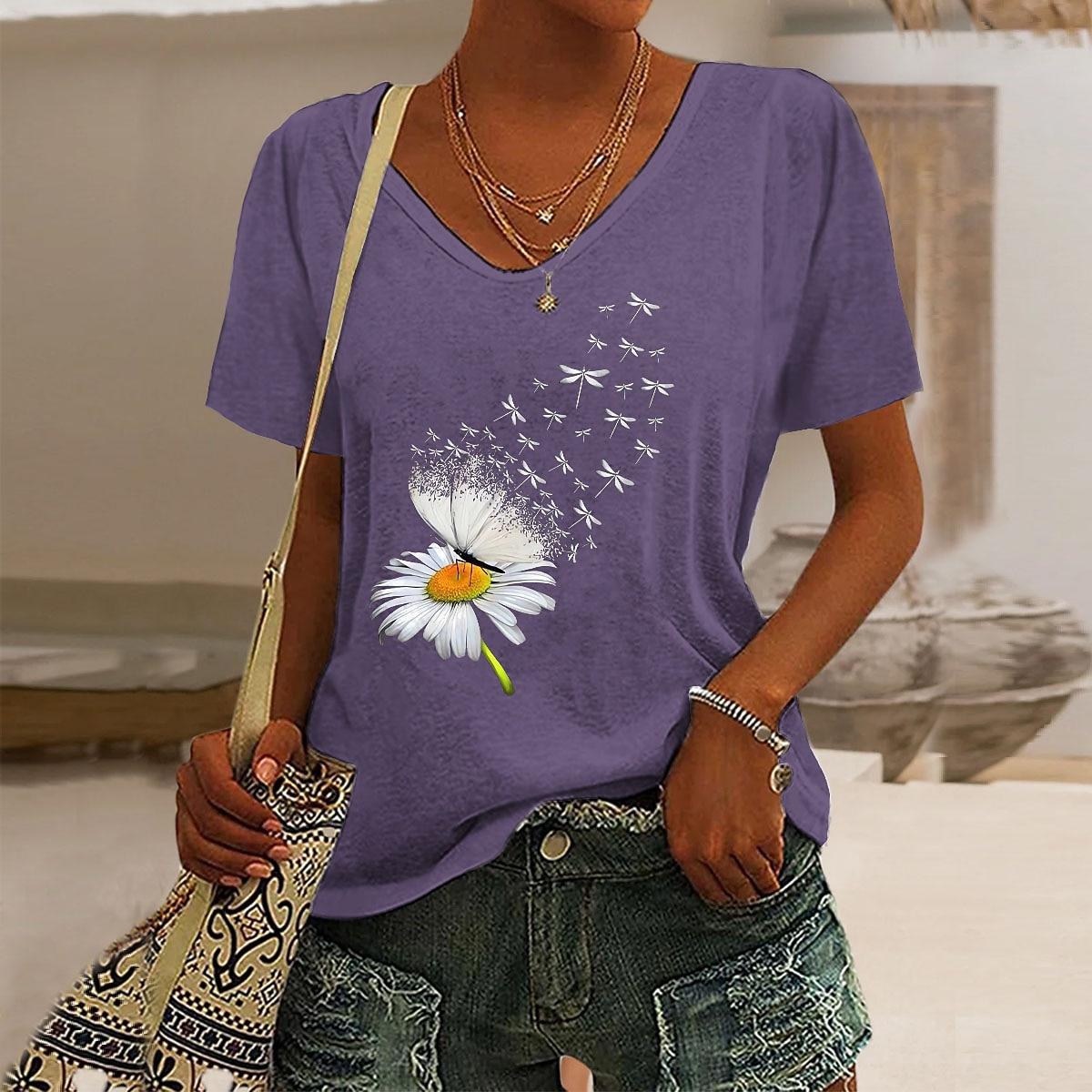 

Women s T Shirt Print Butterfly Dandelion Basic Short Sleeve V Neck Regular Tops Weekend Blue Black Pink Purple Green Summer 5XL