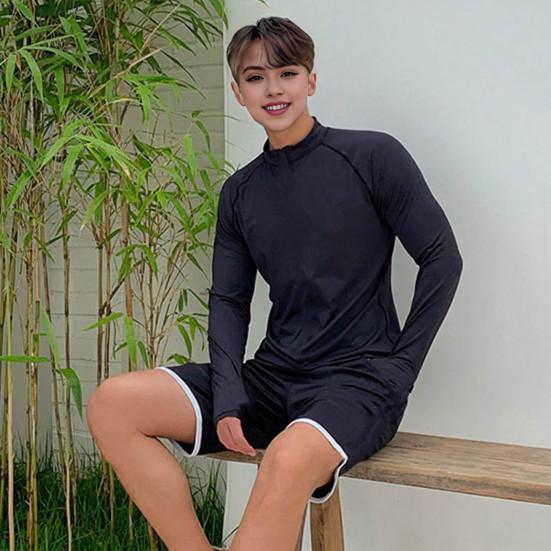 2 Pcs/Set Unisex Swimsuit Quick-drying Breathable Soft Leaf Print O Neck Long Sleeves Wetsuit Pockets Couple Surfing Clothes Diving Bathing Suit