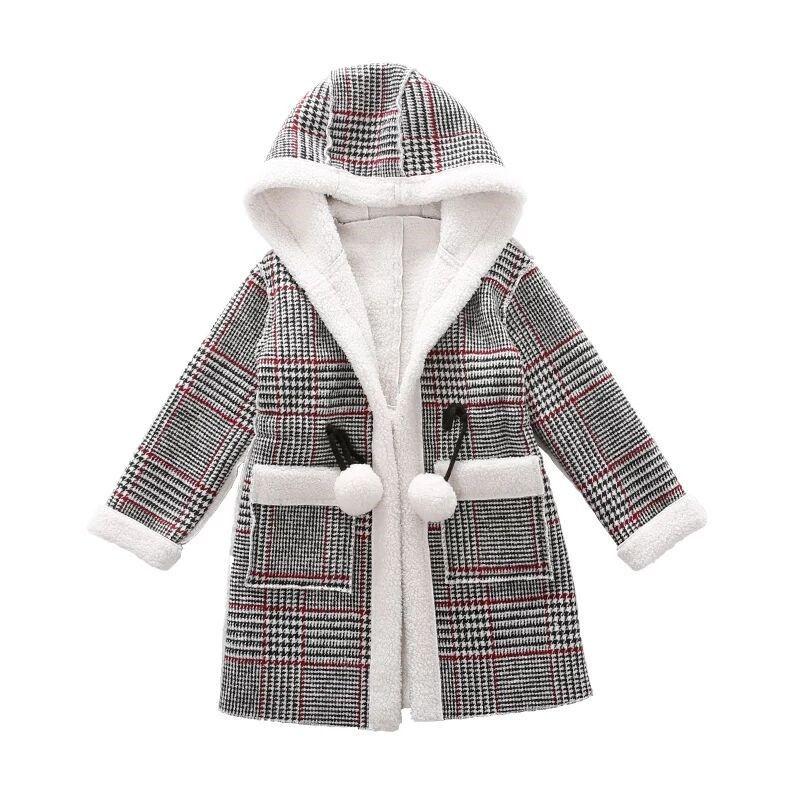 Autumn Winter Parka Girl Hairy Clothes Long Woolen Coat for Kids Outerwear Grid Pattern Padded Warm Clothing