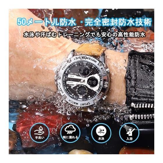 Watch for Men Analog Digital Quartz Watch 5 ATM Water Resistant Luminous Genuine Leather Strap Multifunctional Date Stopwatch Alarm Dual Time