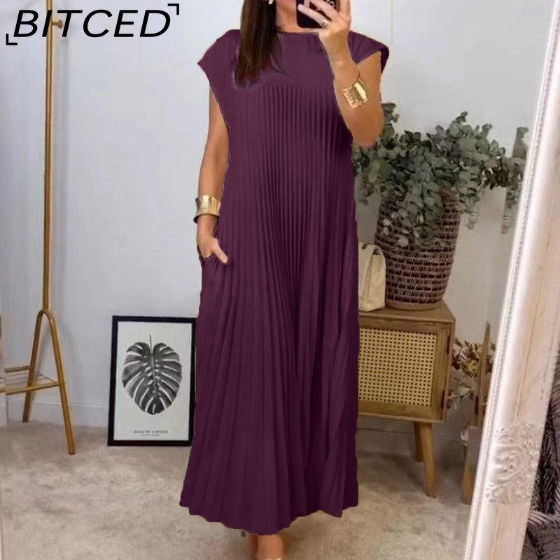 BITCED Herbst Damen Elegantes Mode O-Ausschnitt Ärmelloses Plissee Maxikleid
