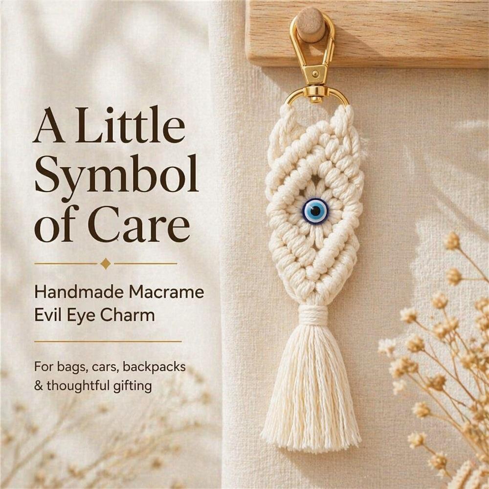 Handmade Macrame Evil Eye Bag Charm - Boho Tassel Accessory, Turkish Nazar Boncuk Hanging Pendant