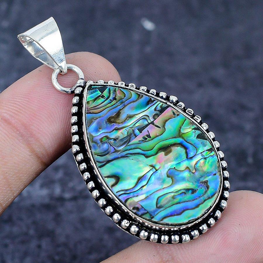 Abalone Shell Gemstone 925 Sterling Silver Jewelry Pendant 2.13"